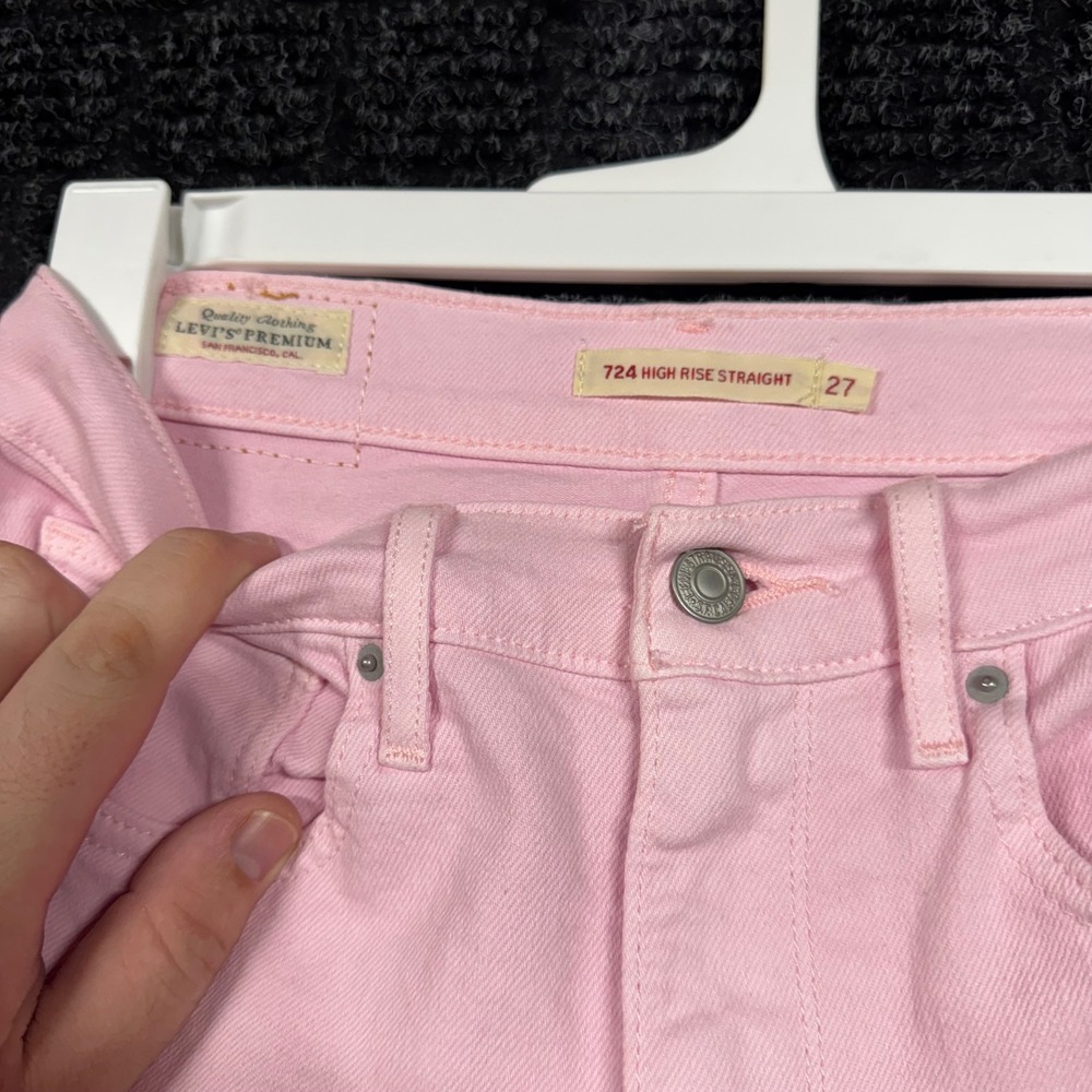 Levis Premium 724 High Rise Straight Pink Jeans Raw Hem W27